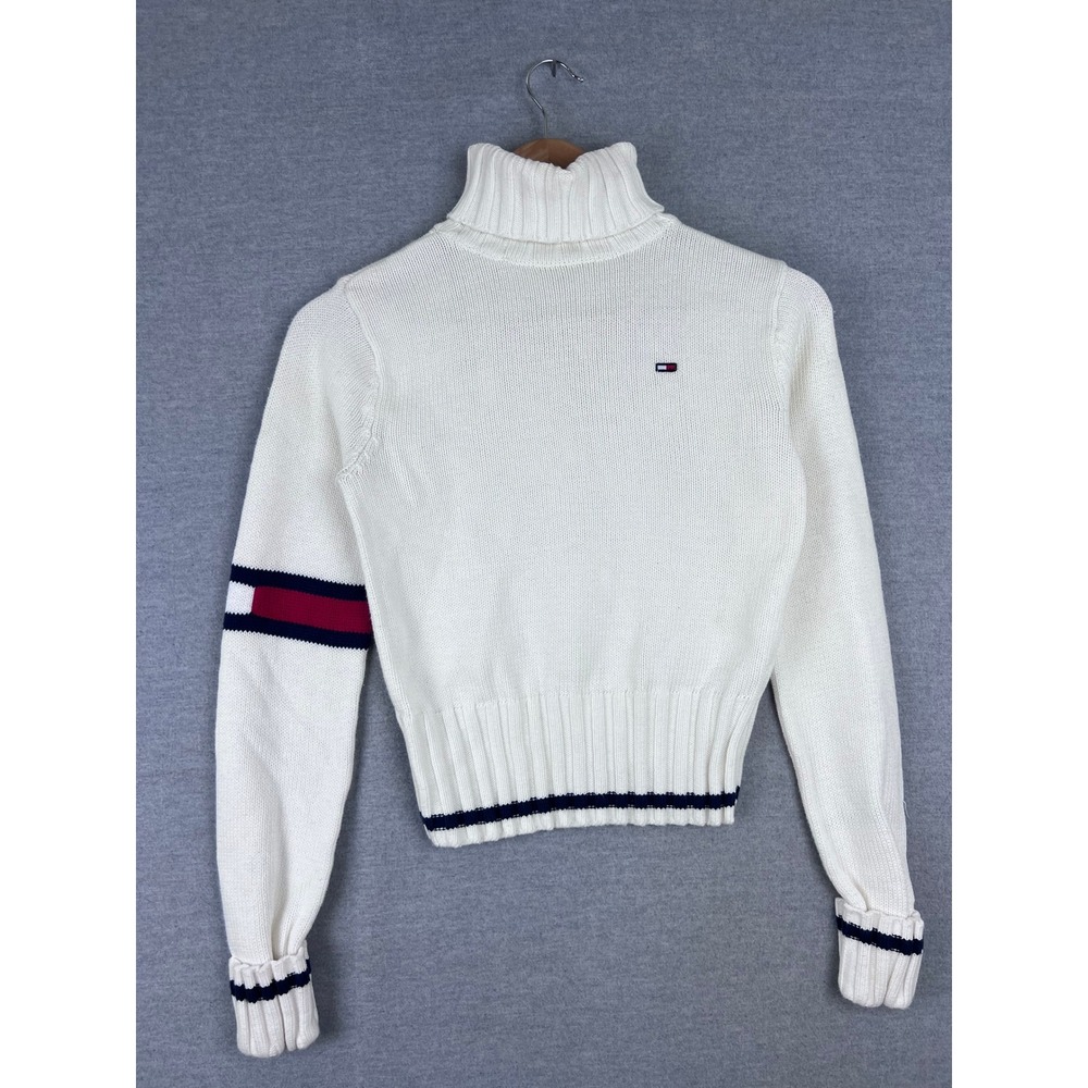 Tommy Jeans Womens Turtleneck Sweater Cream White‎ Flag Logo Stripe Small